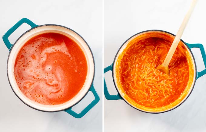 Side by side view of a sauce pan with the Sopa de Fideo before and after the Fideo pasta is done.