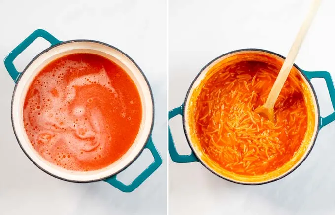 Side by side view of a sauce pan with the Sopa de Fideo before and after the Fideo pasta is done.