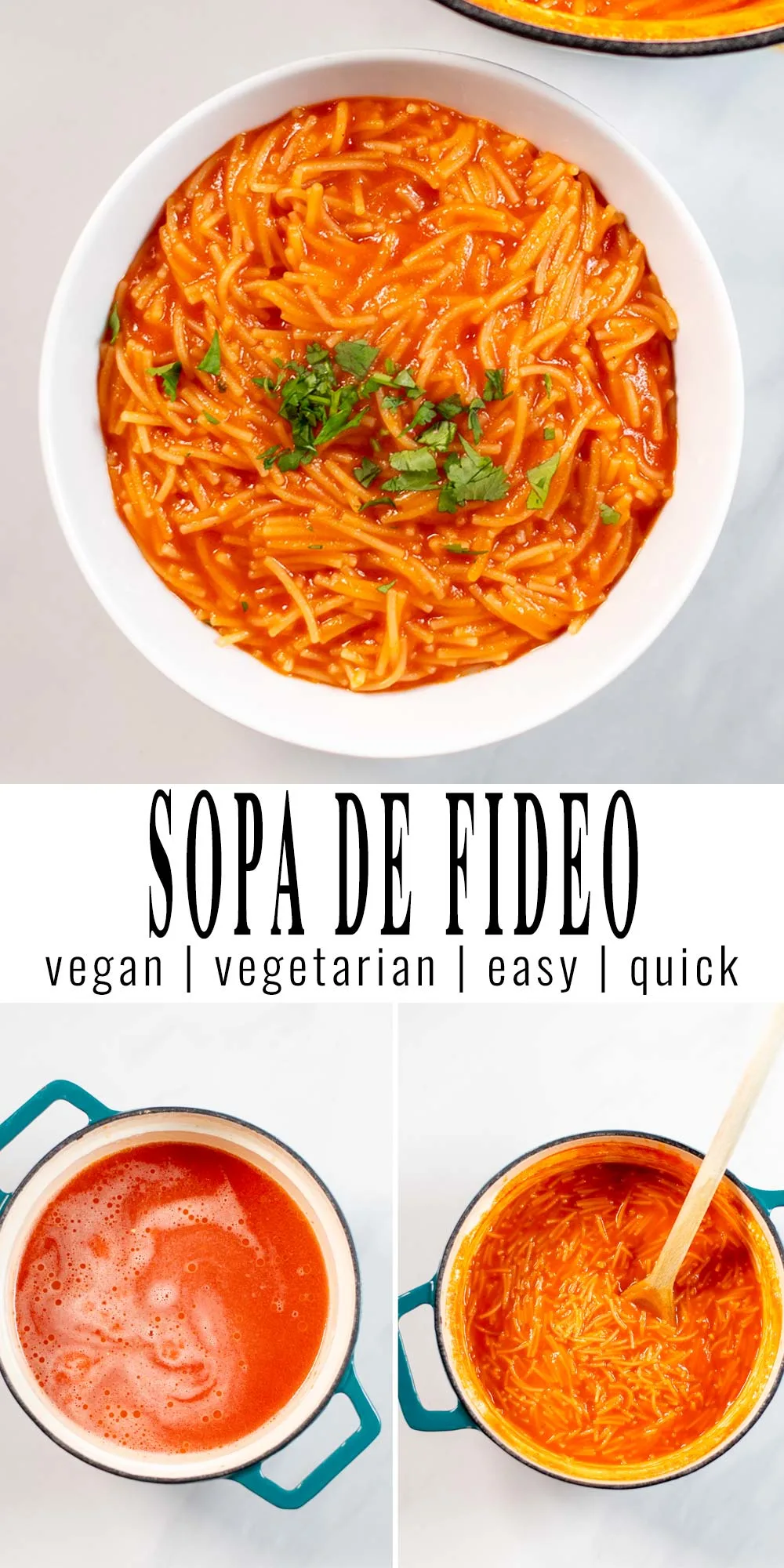 Collage of several photos showing Sopa de Fideo.