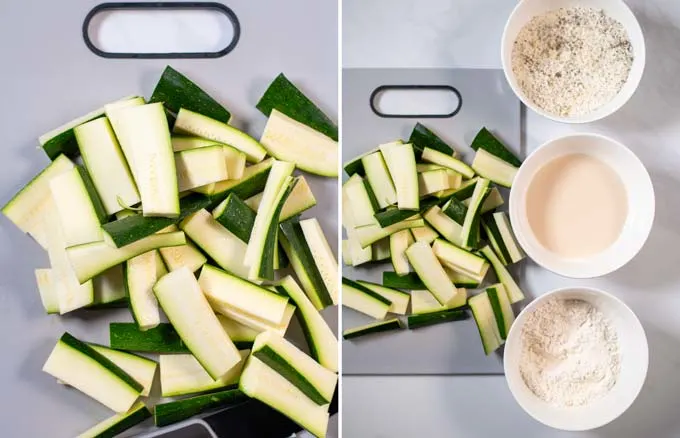 Double view of cut zucchini and the breading station.