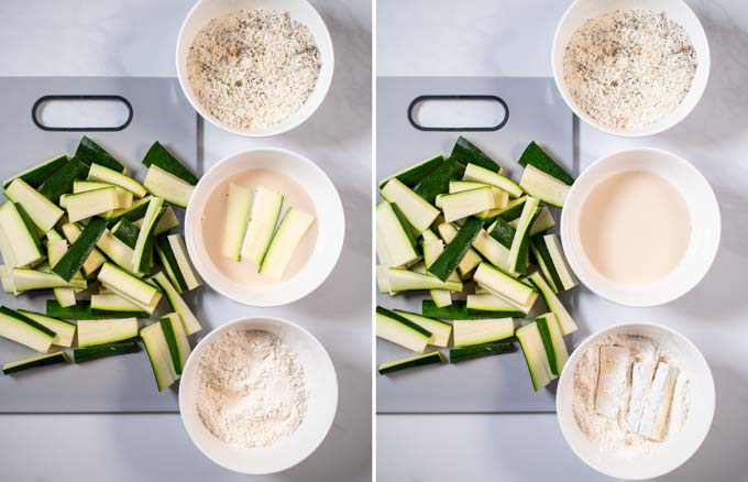 Visual guide how to double bread Zucchini Fries.