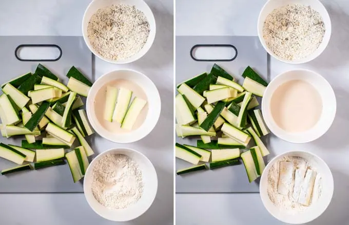 Visual guide how to double bread Zucchini Fries.