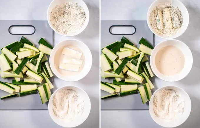 Continued visual guide to double breading the Zucchini Fries.