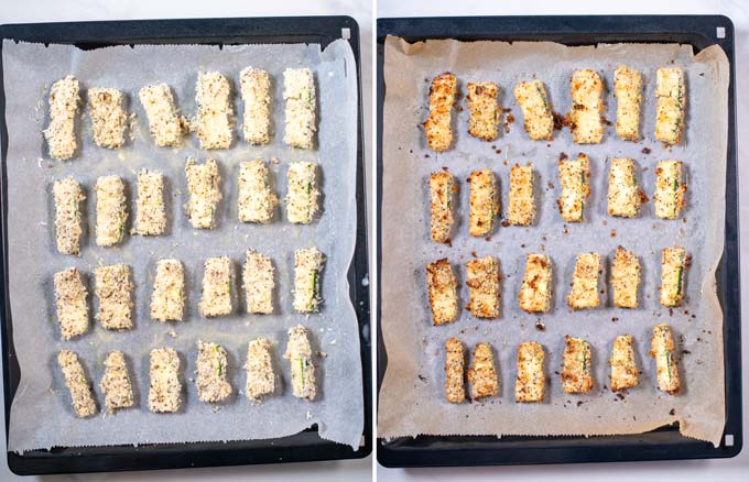 Side by side view of Zucchini Fries on a baking sheet before and after baking.