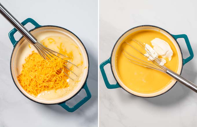 Step by step pictures showing how cheddar cheese and cream cheese are added to the base of the Beer Cheese Soup.