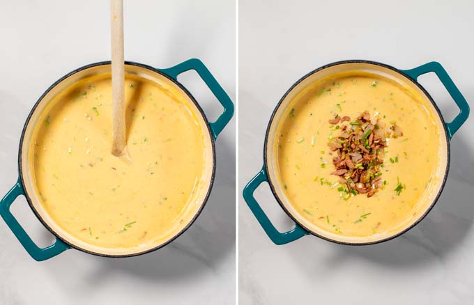 Top view showing the final creamy Beer Cheese Soup.