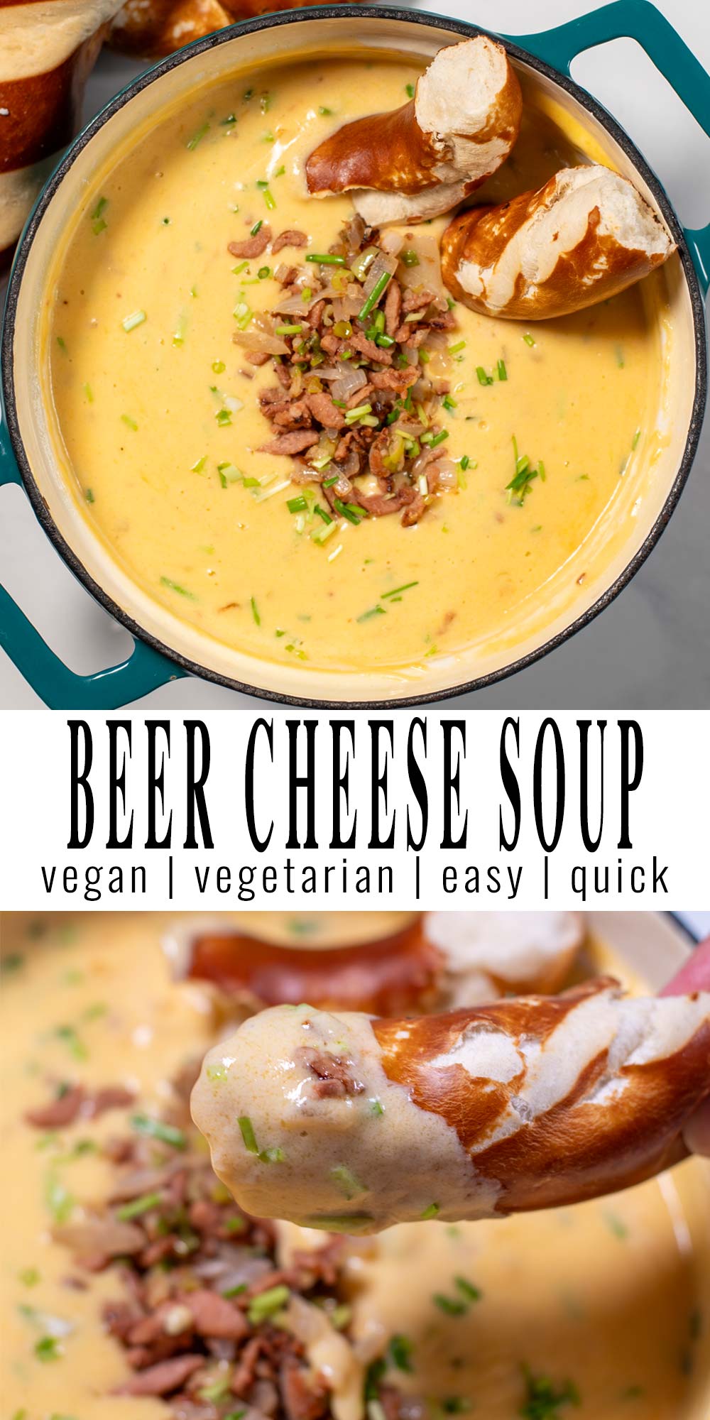 Collage of two pictures of Beer Cheese Soup with recipe title text.