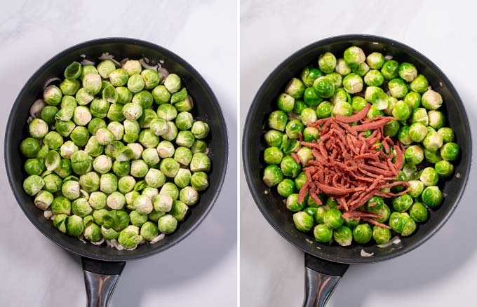 Step-by-step guide showing how Brussels sprouts are fried with onions and bacon in a pan.