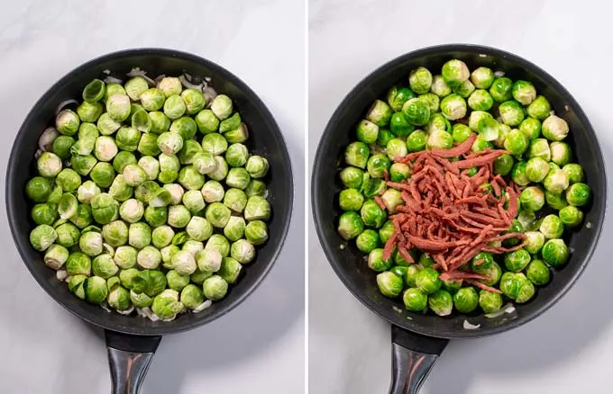 Step-by-step guide showing how Brussels sprouts are fried with onions and bacon in a pan.