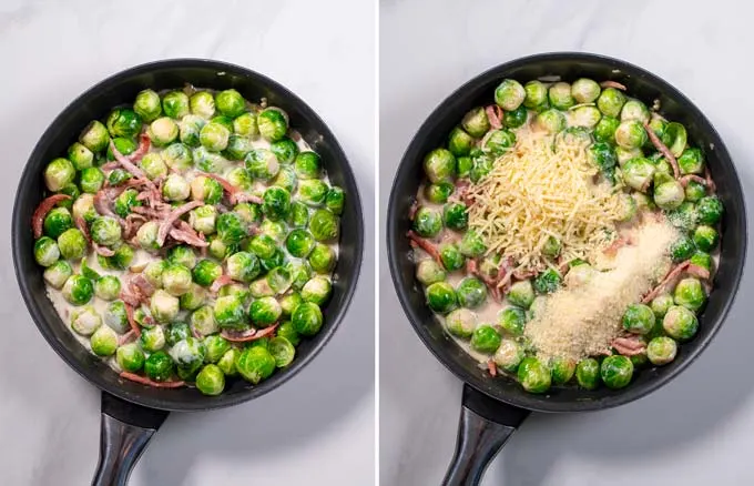 Step-by-step guide showing the mix of heavy cream and vegan cheeses in the Brussels sprouts.