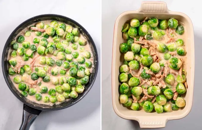 Creamy Brussels sprouts are transferred to a casserole dish.