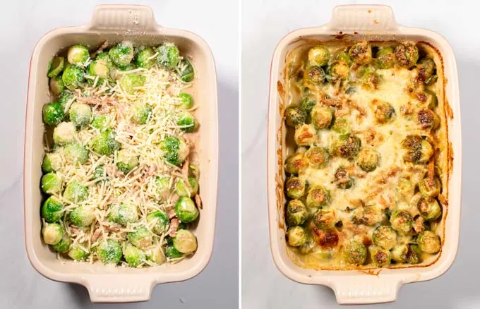 Side-by-side view of the Brussels Sprouts Bake before and after baking in the oven.