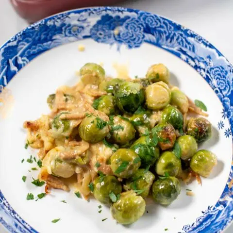 Closeup on a portion serving of Brussels Sprouts Bake.