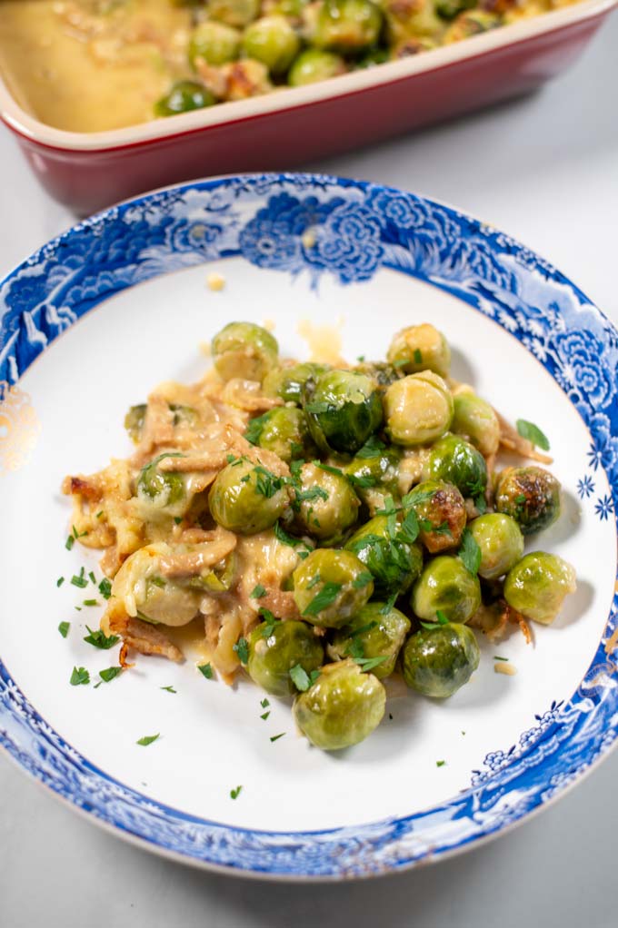 Closeup on a portion serving of Brussels Sprouts Bake.