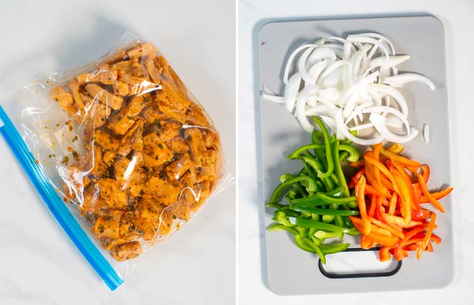 Side by side view of vegan chicken marinating in a freezer bag and a cutting board with cut onions and bell peppers.