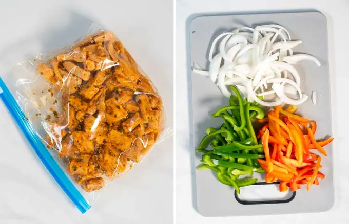 Side by side view of vegan chicken marinating in a freezer bag and a cutting board with cut onions and bell peppers.