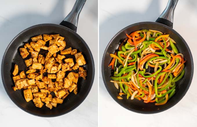 Side by side view of a frying pan showing the preparation of the marinated chicken and the vegetables.
