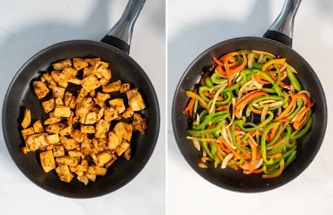 Side by side view of a frying pan showing the preparation of the marinated chicken and the vegetables.