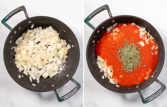 Step-by-step guide showing how to make tomato sauce.
