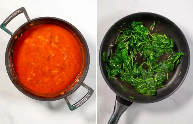 Tomato sauce and sautéed spinach side-by-side.