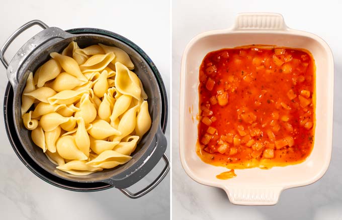 Precooked pasta shells and first step in filling the casserole dish.