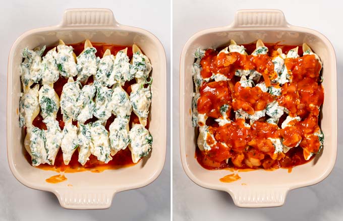 Step by step guid showing the arrangement of stuffed shells in a casserole dish.