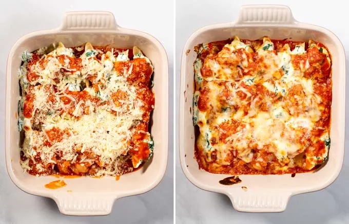 View of a casserole dish with Stuffed Shells before and after baking.