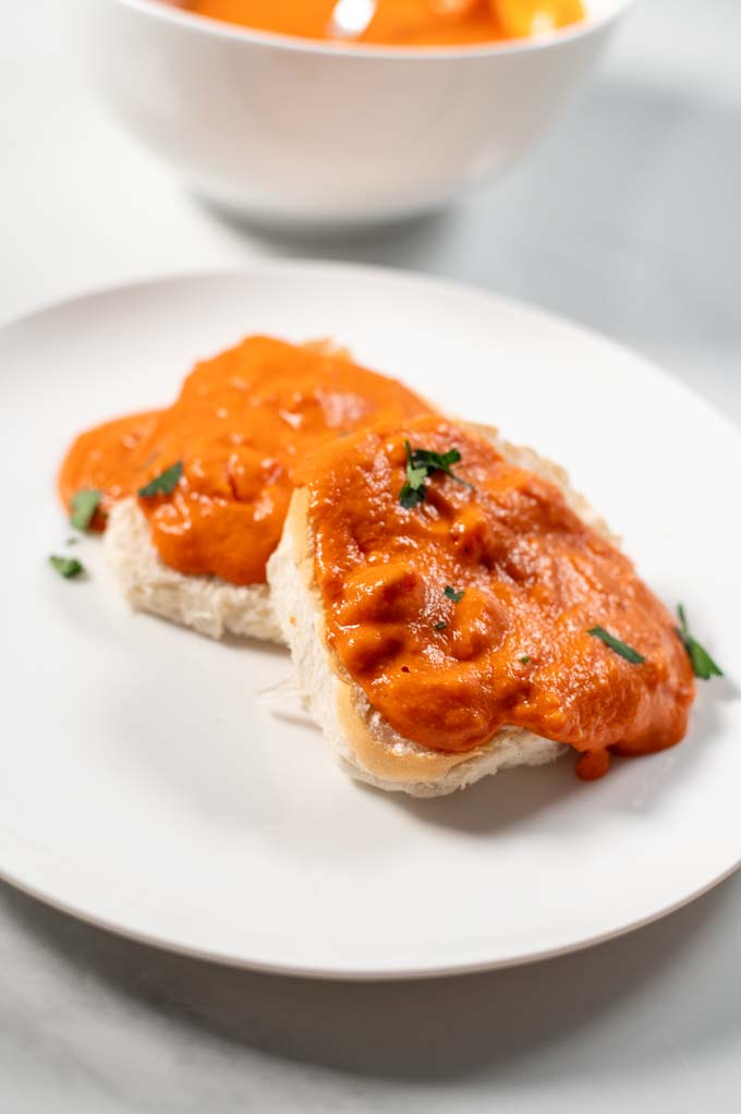 Closeup on a serving of biscuits with Tomato Gravy.