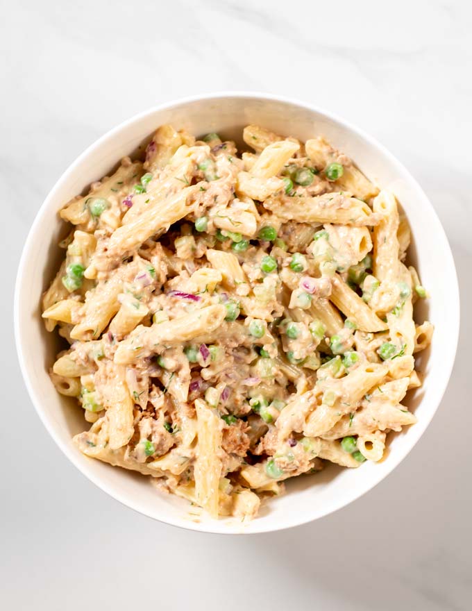 Top view of a large serving bowl full of Tuna Pasta Salad.