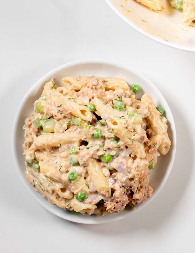 A portion of Tuna Pasta Salad is served on a small plate.