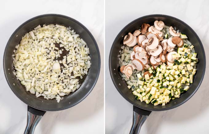 Step-by-step picture showing how first onions and garlic, then additional mushrooms and zucchini are fried in a pan.