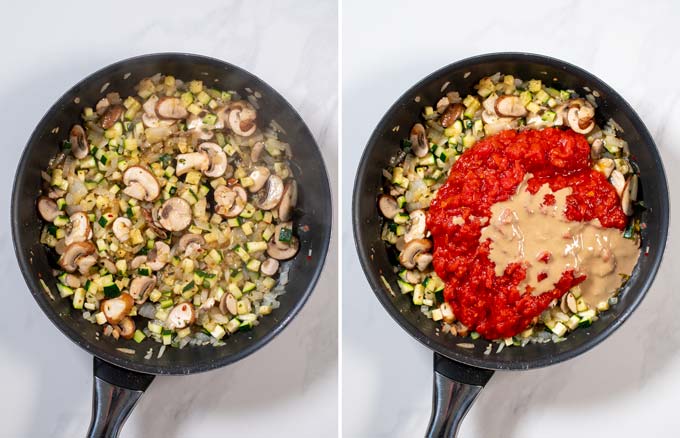 Step-by-step instructions showing how veggie pasta sauce is make with tomato sauce, seasonings and tahini.