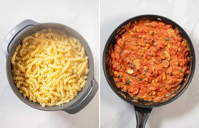 Side-by-side view of drained pasta and the mixed pasta sauce.