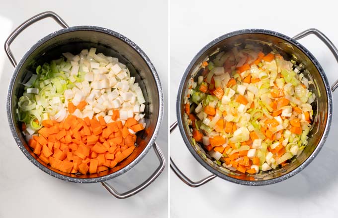 Step-by-step guide showing how fresh vegetables are fried in a large pot.