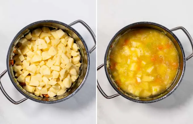 Step-by-step instructions showing how potato cubes are added to the pot.