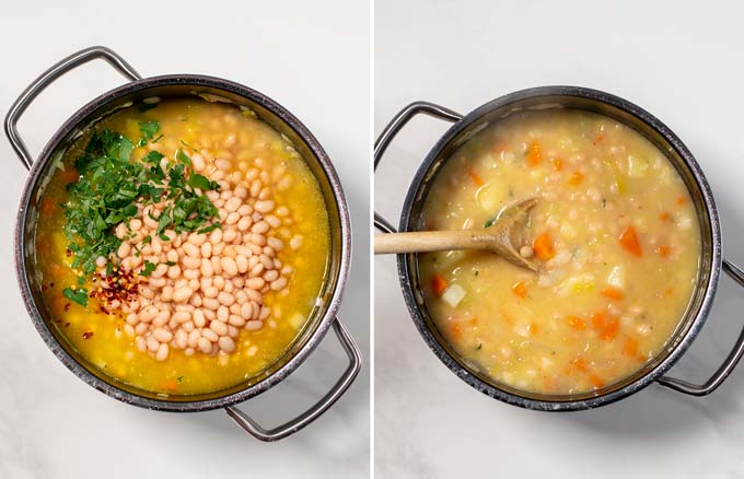 Canned white beans are given into the base of the soup.