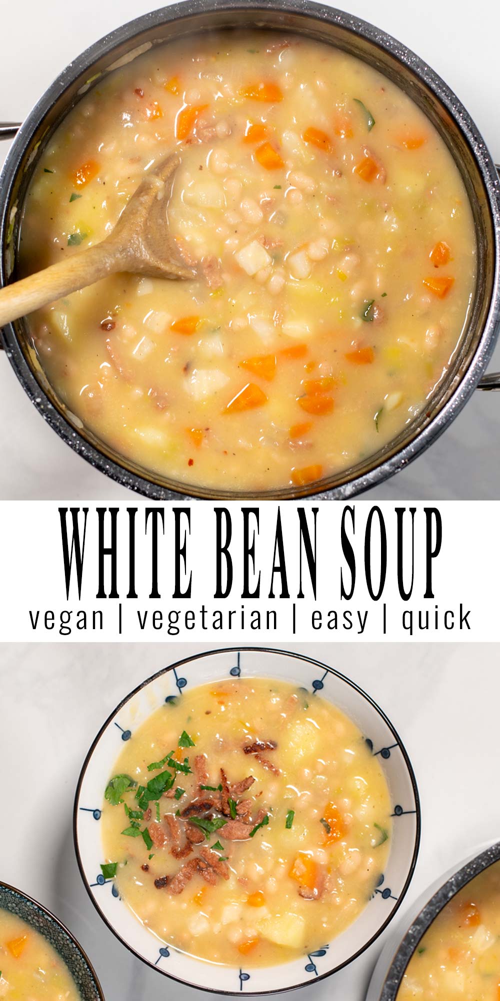 Collage of two pictures showing White Bean Soup with recipe title text.