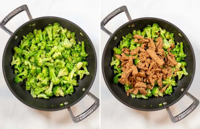 Step-by-step guide showing how broccoli florets and vegan beef strips are fried in a sauce pan.