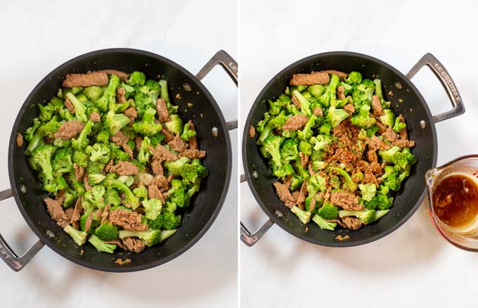 Step-by-step guide showing how the stir fry sauce is mixed with Beef Broccoli.
