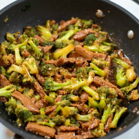 Closeup of Beef Broccoli Recipe Hawaii in a pan.