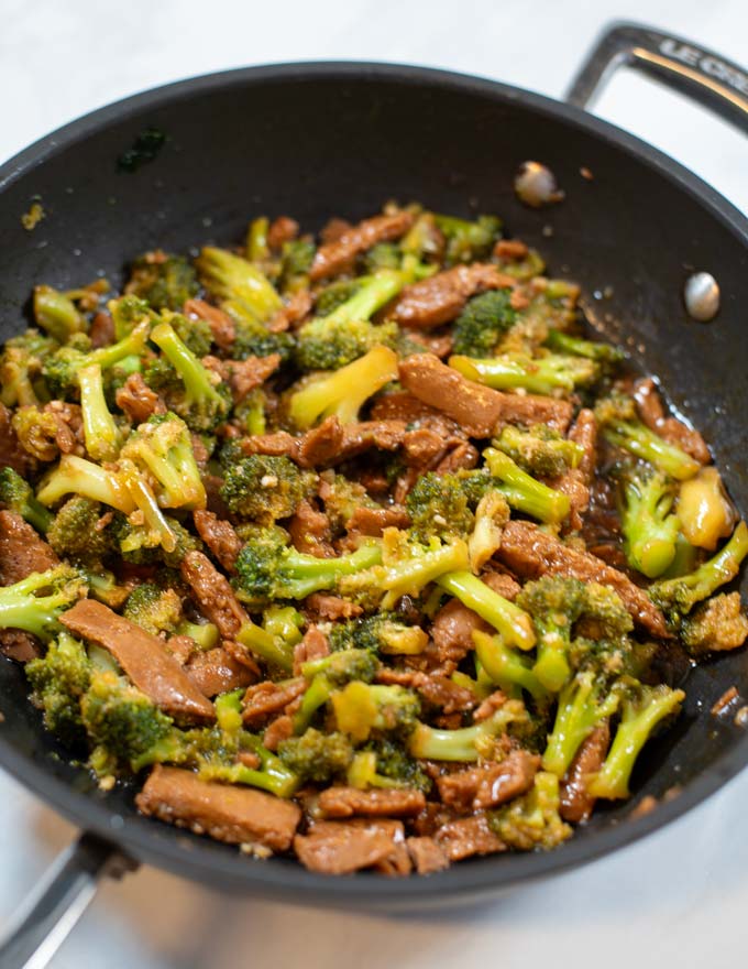 Closeup of Beef Broccoli Recipe Hawaii in a pan. 