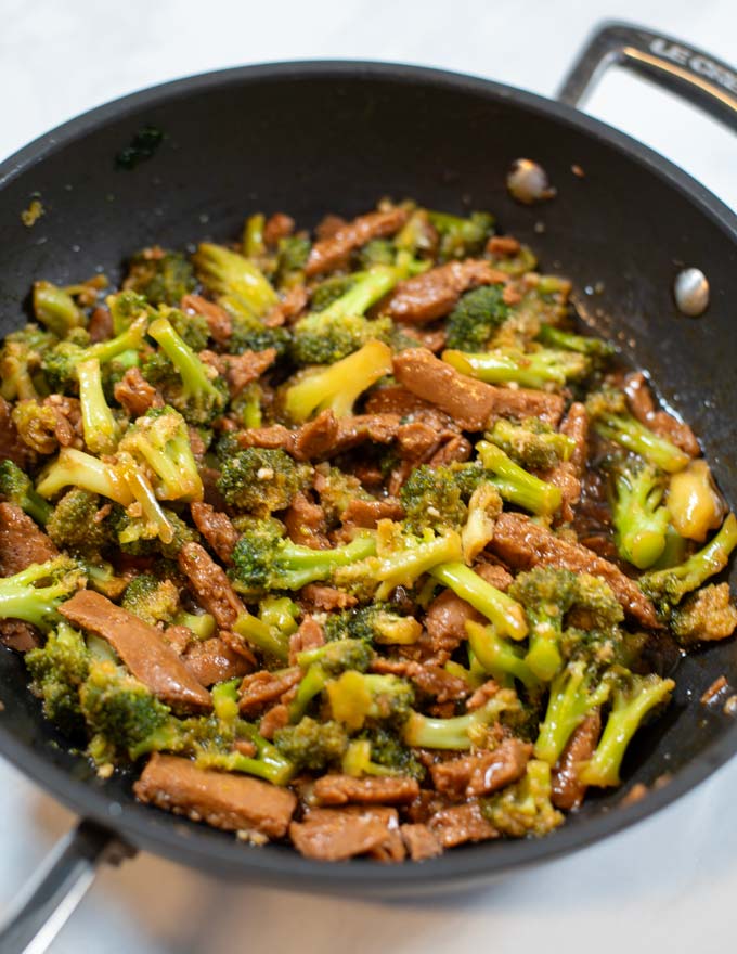 Closeup of Beef Broccoli Recipe Hawaii in a pan. 