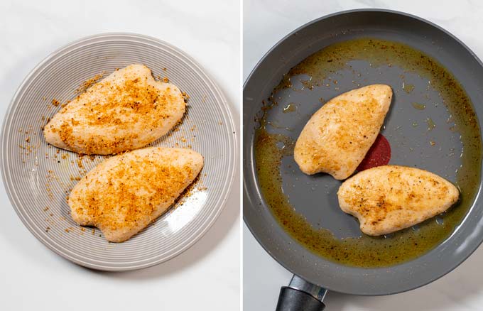 Side by side view of searing vegan chicken filets in Cajun seasoning.