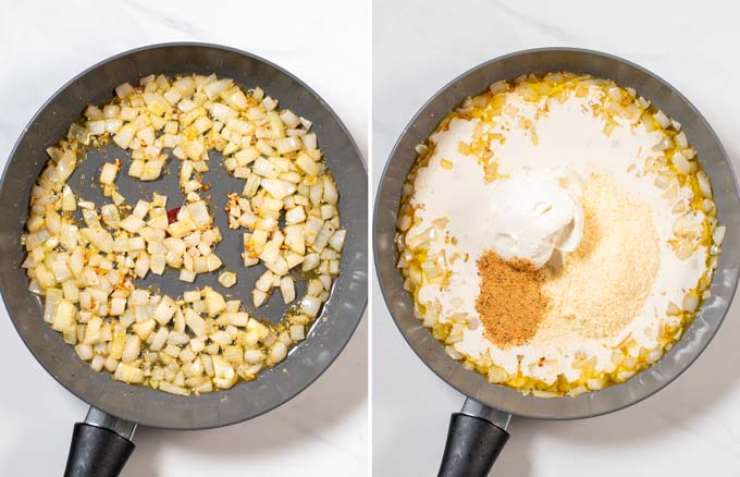 Step-by-step pictures showing how the base sauce for the Alfredo sauce is made from sautéed onions and plant-based cream cheese and parmesan cheese.