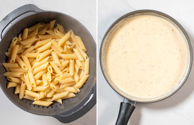 Side-by-side view of cooked penne pasta and a saucepan with Cajun Alfredo sauce.