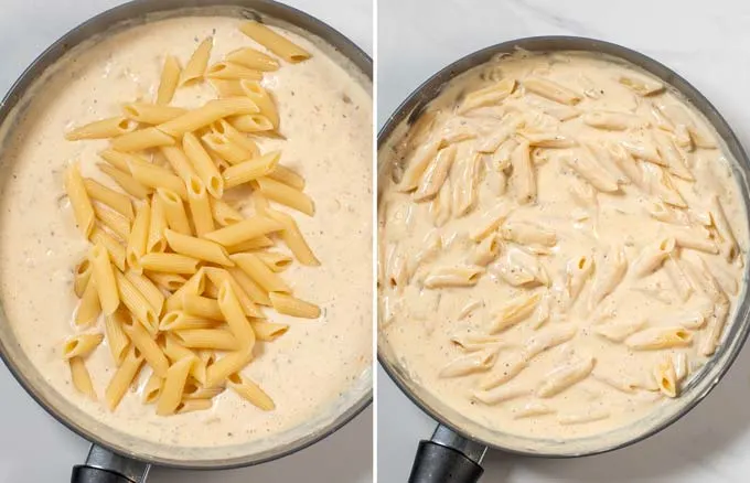 Step-by-step instructions showing how pasta is mixed with Cajun Alfredo sauce.