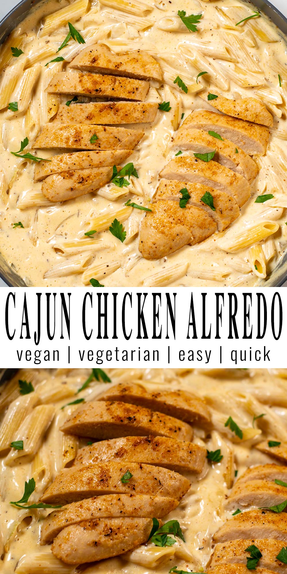 Collage of two photos of Cajun Chicken Alfredo Pasta with recipe title text.