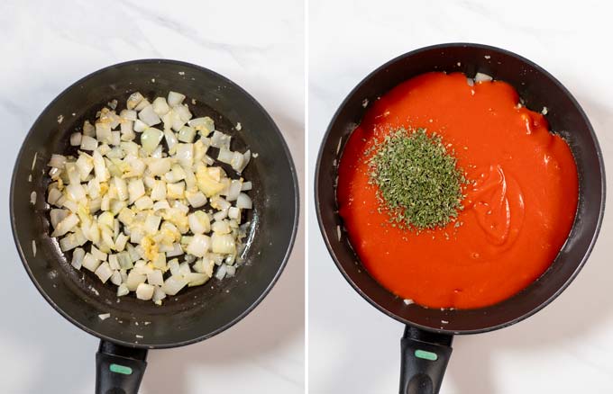 Step-by-step guide showing how the pasta sauce for the Cheese Lasagna recipe is made.
