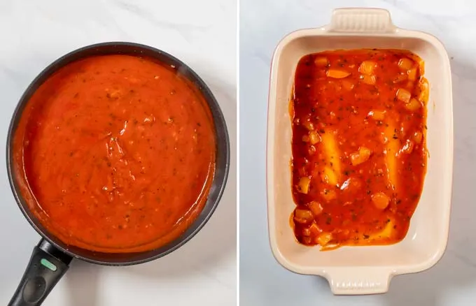 Showing how the Cheese Lasagna is layered in a baking dish.