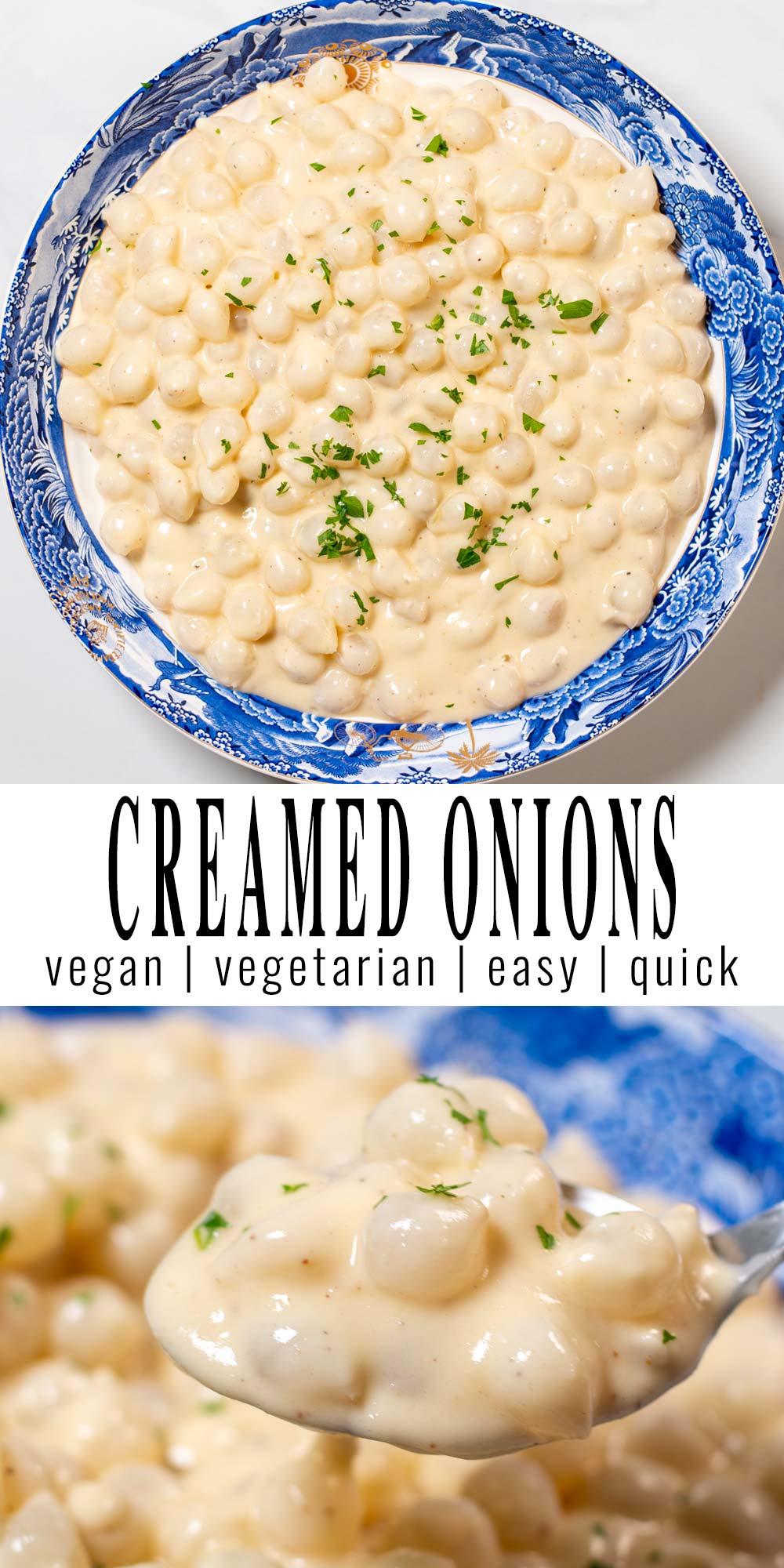 Collage of two photos of Creamed Onions with recipe title text.